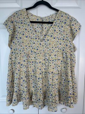 entro Yellow Floral V-Neck Tiered Tunic with Blue Accents